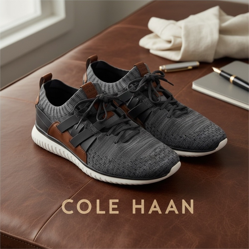 Cole Haan Grand.OS Mens 8M Grey Knit Leather Lace Up Sneakers C27024